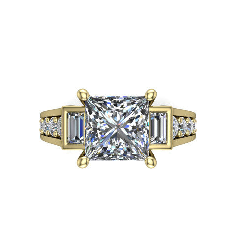 Estella princess three stone engagement ring in 14K Yellow Gold, top-down view showing the center diamond flanked by two tapered baguette side stones over a diamond-set shank
