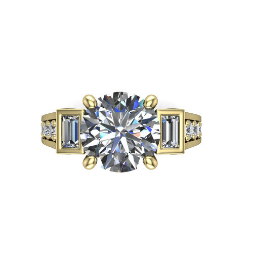 Estella round three stone engagement ring in 14K Yellow Gold, top-down view showing the center diamond flanked by two tapered baguette side stones over a diamond-set shank