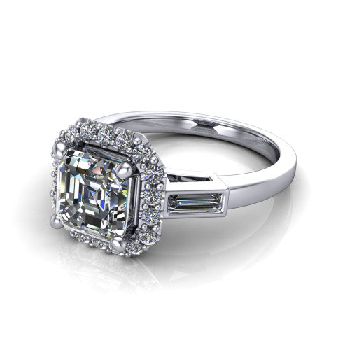 Lorelai asscher halo engagement ring in 14K White Gold, three-quarter perspective showing the haloed center between two tapered baguette side stones on a slim polished band