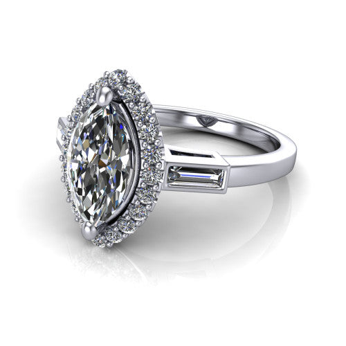 Lorelai marquise halo engagement ring in 18K White Gold, three-quarter perspective showing the haloed center between two tapered baguette side stones on a slim polished band