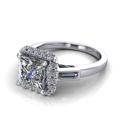 Lorelai princess halo engagement ring in 18K White Gold, three-quarter perspective showing the haloed center between two tapered baguette side stones on a slim polished band