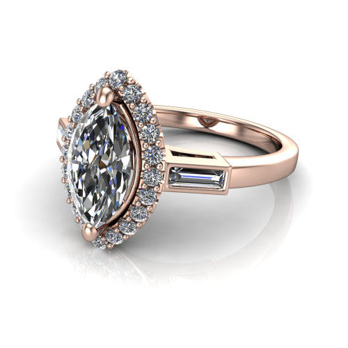 Lorelai marquise halo engagement ring in 14K Rose Gold, three-quarter perspective showing the haloed center between two tapered baguette side stones on a slim polished band