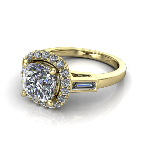 Lorelai cushion halo engagement ring in 14K Yellow Gold, three-quarter perspective showing the haloed center between two tapered baguette side stones on a slim polished band