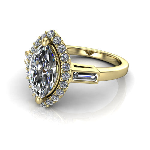 Lorelai marquise halo engagement ring in 18K Yellow Gold, three-quarter perspective showing the haloed center between two tapered baguette side stones on a slim polished band