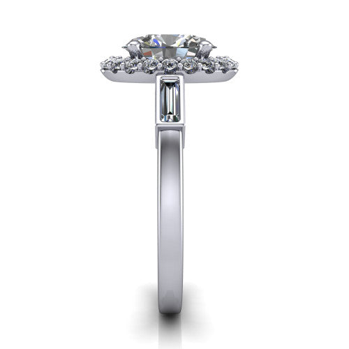 Lorelai oval halo engagement ring in 14K White Gold, side profile showing the tapered baguette side stone and the smooth polished band