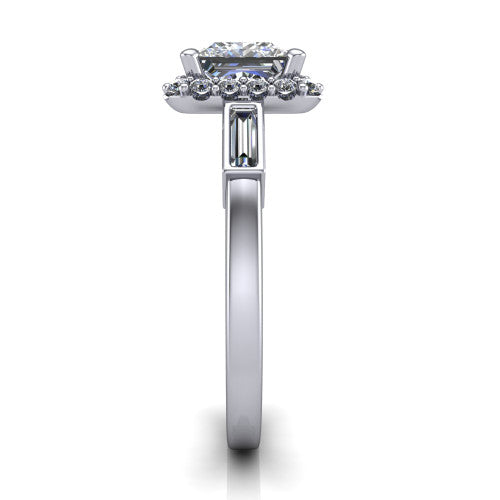 Lorelai princess halo engagement ring in 14K White Gold, side profile showing the tapered baguette side stone and the smooth polished band