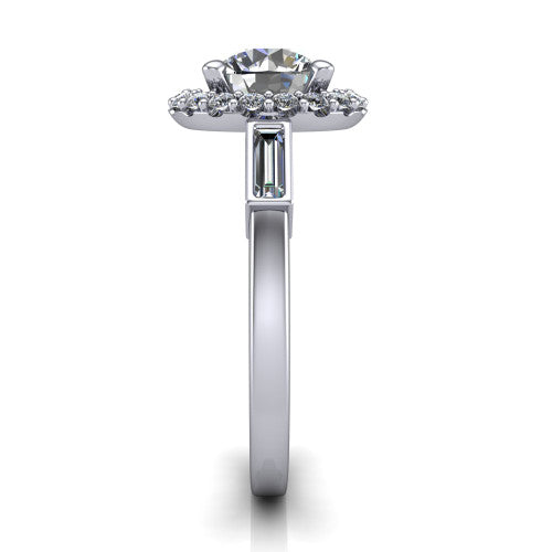 Lorelai round halo engagement ring in 18K White Gold, side profile showing the tapered baguette side stone and the smooth polished band