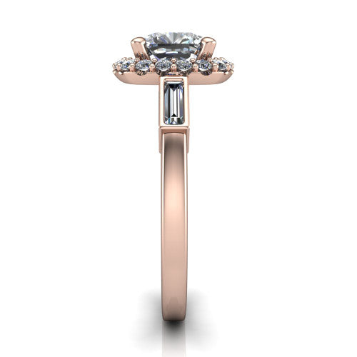 Lorelai cushion halo engagement ring in 18K Rose Gold, side profile showing the tapered baguette side stone and the smooth polished band