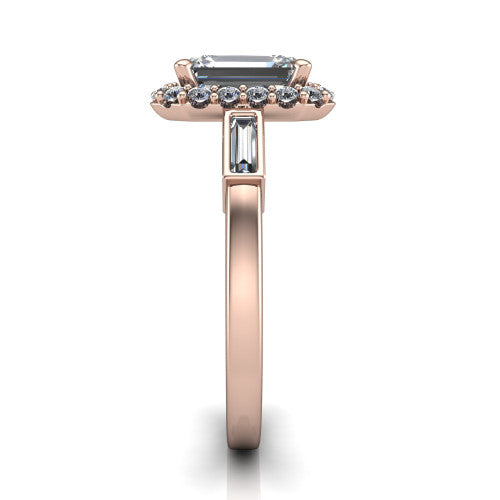 Lorelai emerald halo engagement ring in 14K Rose Gold, side profile showing the tapered baguette side stone and the smooth polished band