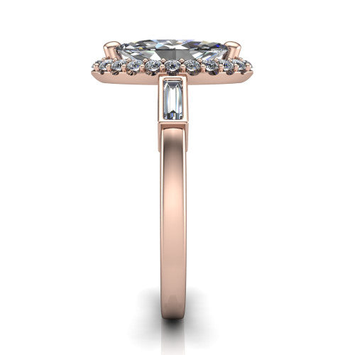 Lorelai marquise halo engagement ring in 18K Rose Gold, side profile showing the tapered baguette side stone and the smooth polished band