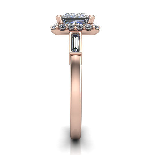 Lorelai princess halo engagement ring in 18K Rose Gold, side profile showing the tapered baguette side stone and the smooth polished band
