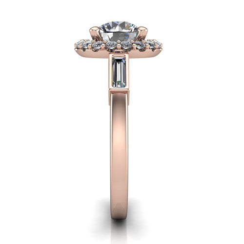Lorelai round halo engagement ring in 14K Rose Gold, side profile showing the tapered baguette side stone and the smooth polished band