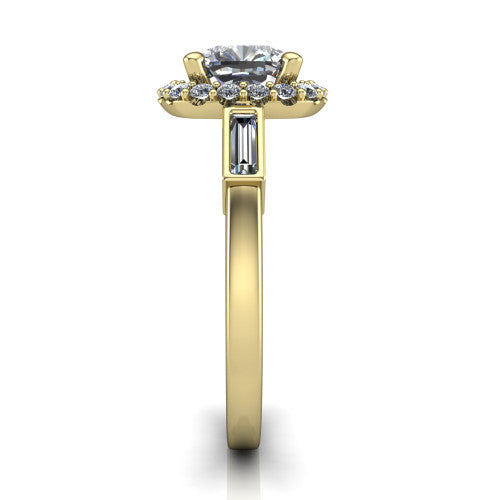 Lorelai cushion halo engagement ring in 18K Yellow Gold, side profile showing the tapered baguette side stone and the smooth polished band