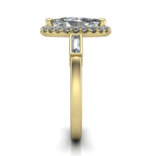 Lorelai marquise halo engagement ring in 14K Yellow Gold, side profile showing the tapered baguette side stone and the smooth polished band