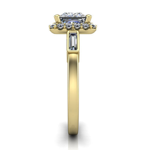 Lorelai princess halo engagement ring in 14K Yellow Gold, side profile showing the tapered baguette side stone and the smooth polished band