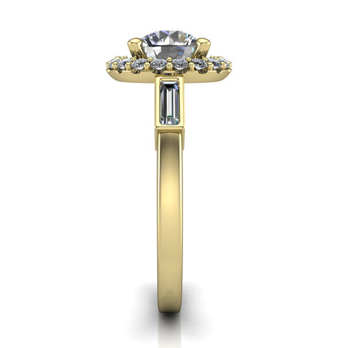 Lorelai round halo engagement ring in 14K Yellow Gold, side profile showing the tapered baguette side stone and the smooth polished band