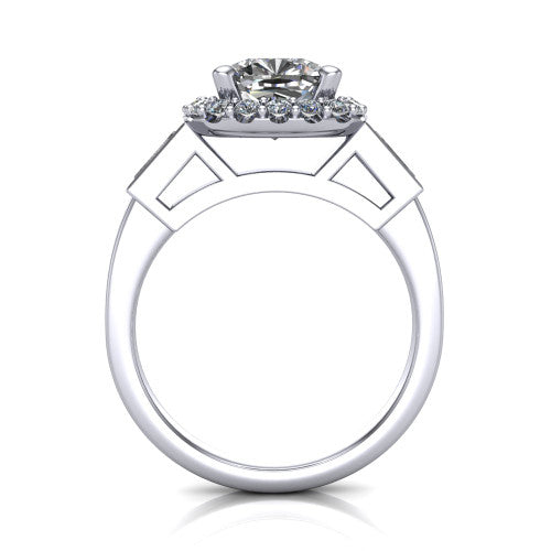 Lorelai cushion halo engagement ring in Platinum, through-finger front profile showing the halo head raised above the slim polished shank and trellis gallery