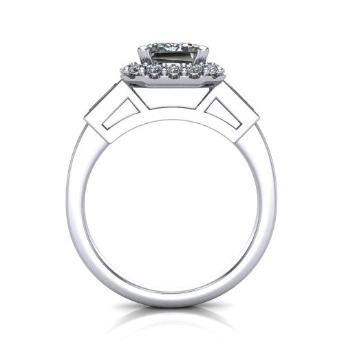 Lorelai emerald halo engagement ring in 18K White Gold, through-finger front profile showing the halo head raised above the slim polished shank and trellis gallery