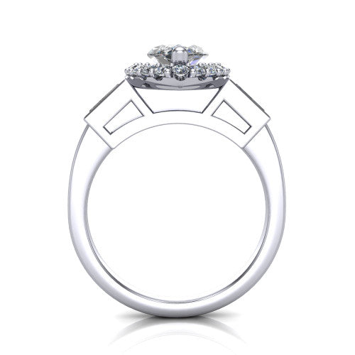 Lorelai marquise halo engagement ring in 18K White Gold, through-finger front profile showing the halo head raised above the slim polished shank and trellis gallery