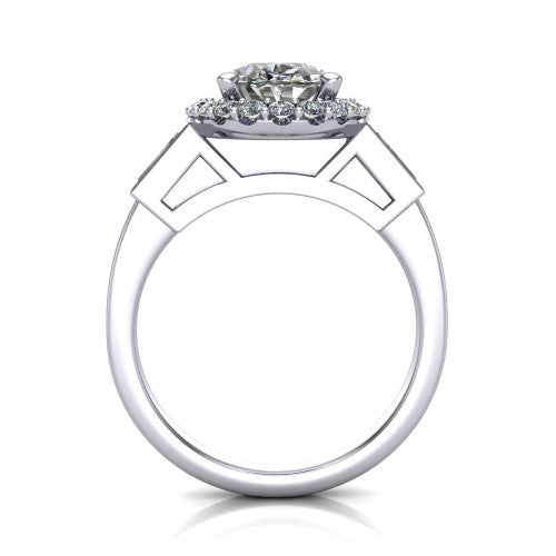 Lorelai oval halo engagement ring in Platinum, through-finger front profile showing the halo head raised above the slim polished shank and trellis gallery