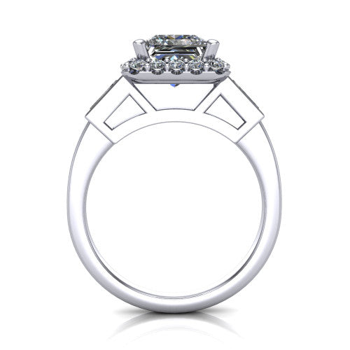 Lorelai princess halo engagement ring in Platinum, through-finger front profile showing the halo head raised above the slim polished shank and trellis gallery