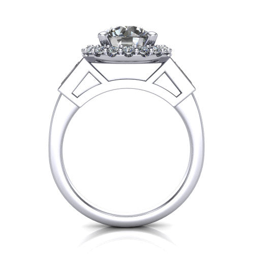 Lorelai round halo engagement ring in 14K White Gold, through-finger front profile showing the halo head raised above the slim polished shank and trellis gallery