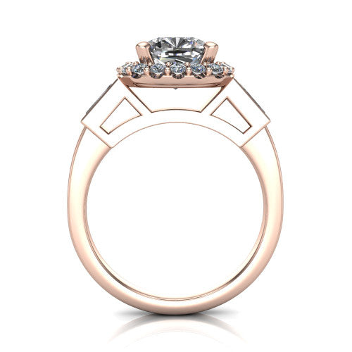 Lorelai cushion halo engagement ring in 14K Rose Gold, through-finger front profile showing the halo head raised above the slim polished shank and trellis gallery
