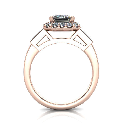 Lorelai emerald halo engagement ring in 18K Rose Gold, through-finger front profile showing the halo head raised above the slim polished shank and trellis gallery