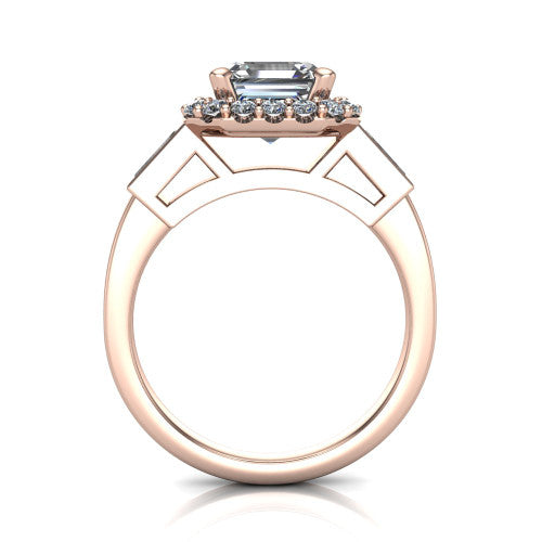 Lorelai asscher halo engagement ring in 14K Rose Gold, through-finger front profile showing the halo head raised above the slim polished shank and trellis gallery