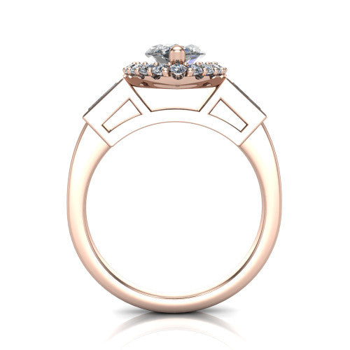 Lorelai marquise halo engagement ring in 18K Rose Gold, through-finger front profile showing the halo head raised above the slim polished shank and trellis gallery