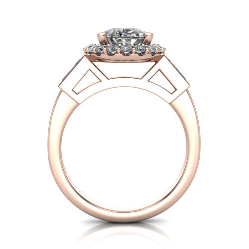 Lorelai oval halo engagement ring in 14K Rose Gold, through-finger front profile showing the halo head raised above the slim polished shank and trellis gallery