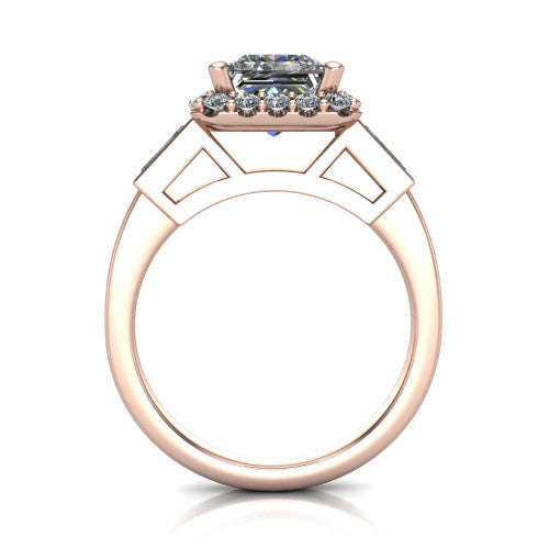Lorelai princess halo engagement ring in 14K Rose Gold, through-finger front profile showing the halo head raised above the slim polished shank and trellis gallery