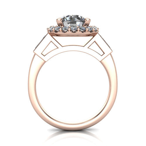 Lorelai round halo engagement ring in 14K Rose Gold, through-finger front profile showing the halo head raised above the slim polished shank and trellis gallery