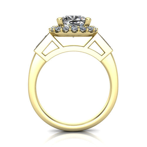 Lorelai cushion halo engagement ring in 14K Yellow Gold, through-finger front profile showing the halo head raised above the slim polished shank and trellis gallery