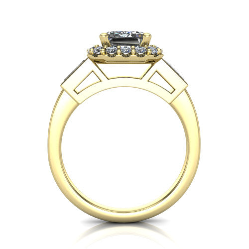Lorelai emerald halo engagement ring in 14K Yellow Gold, through-finger front profile showing the halo head raised above the slim polished shank and trellis gallery