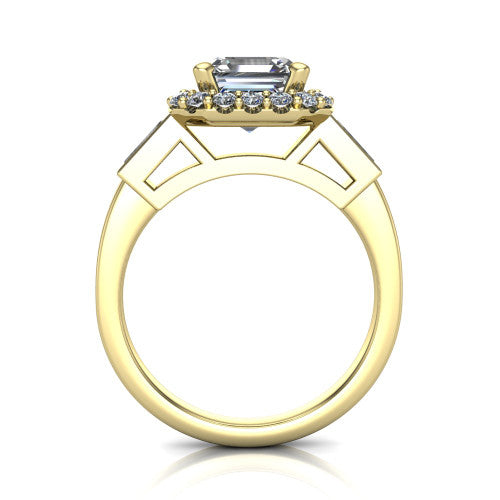 Lorelai asscher halo engagement ring in 14K Yellow Gold, through-finger front profile showing the halo head raised above the slim polished shank and trellis gallery