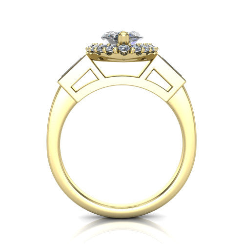Lorelai marquise halo engagement ring in 14K Yellow Gold, through-finger front profile showing the halo head raised above the slim polished shank and trellis gallery