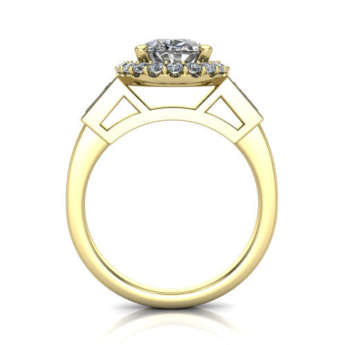 Lorelai oval halo engagement ring in 14K Yellow Gold, through-finger front profile showing the halo head raised above the slim polished shank and trellis gallery
