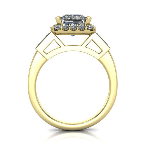Lorelai princess halo engagement ring in 18K Yellow Gold, through-finger front profile showing the halo head raised above the slim polished shank and trellis gallery