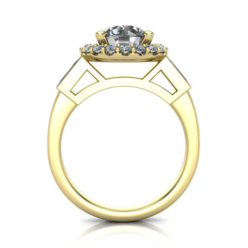Lorelai round halo engagement ring in 18K Yellow Gold, through-finger front profile showing the halo head raised above the slim polished shank and trellis gallery