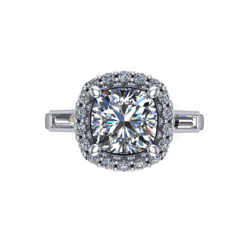 Lorelai cushion halo engagement ring in 14K White Gold, top-down view showing the center diamond framed by a pav&eacute; halo and flanked by two tapered baguette side stones