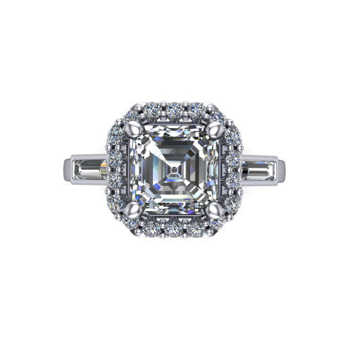 Lorelai asscher halo engagement ring in 18K White Gold, top-down view showing the center diamond framed by a pav&eacute; halo and flanked by two tapered baguette side stones