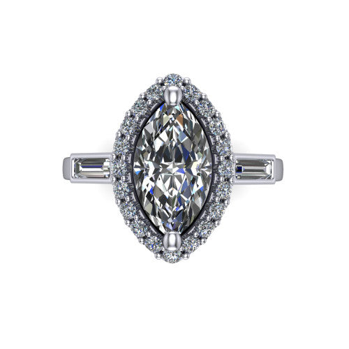 Lorelai marquise halo engagement ring in 14K White Gold, top-down view showing the center diamond framed by a pav&eacute; halo and flanked by two tapered baguette side stones