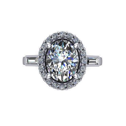 Lorelai oval halo engagement ring in Platinum, top-down view showing the center diamond framed by a pav&eacute; halo and flanked by two tapered baguette side stones