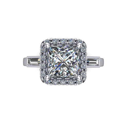 Lorelai princess halo engagement ring in 18K White Gold, top-down view showing the center diamond framed by a pav&eacute; halo and flanked by two tapered baguette side stones