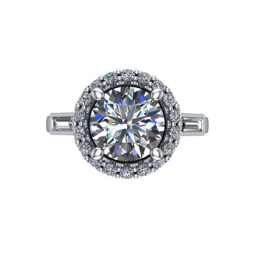 Lorelai round halo engagement ring in 14K White Gold, top-down view showing the center diamond framed by a pav&eacute; halo and flanked by two tapered baguette side stones