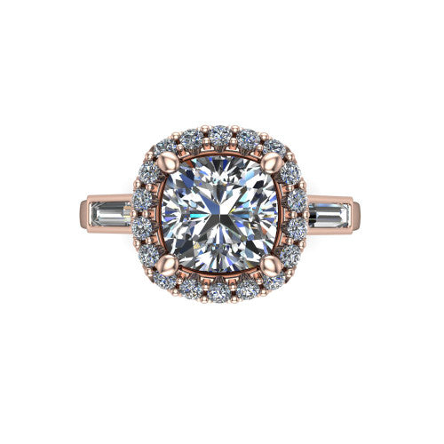 Lorelai cushion halo engagement ring in 18K Rose Gold, top-down view showing the center diamond framed by a pav&eacute; halo and flanked by two tapered baguette side stones