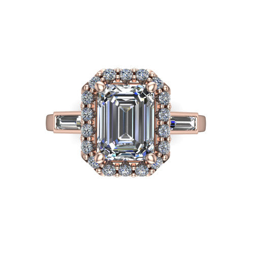 Lorelai emerald halo engagement ring in 14K Rose Gold, top-down view showing the center diamond framed by a pav&eacute; halo and flanked by two tapered baguette side stones