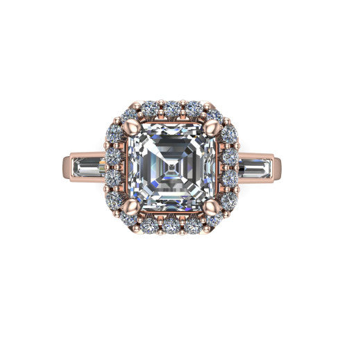 Lorelai asscher halo engagement ring in 18K Rose Gold, top-down view showing the center diamond framed by a pav&eacute; halo and flanked by two tapered baguette side stones