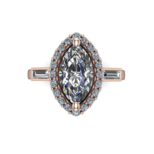 Lorelai marquise halo engagement ring in 18K Rose Gold, top-down view showing the center diamond framed by a pav&eacute; halo and flanked by two tapered baguette side stones